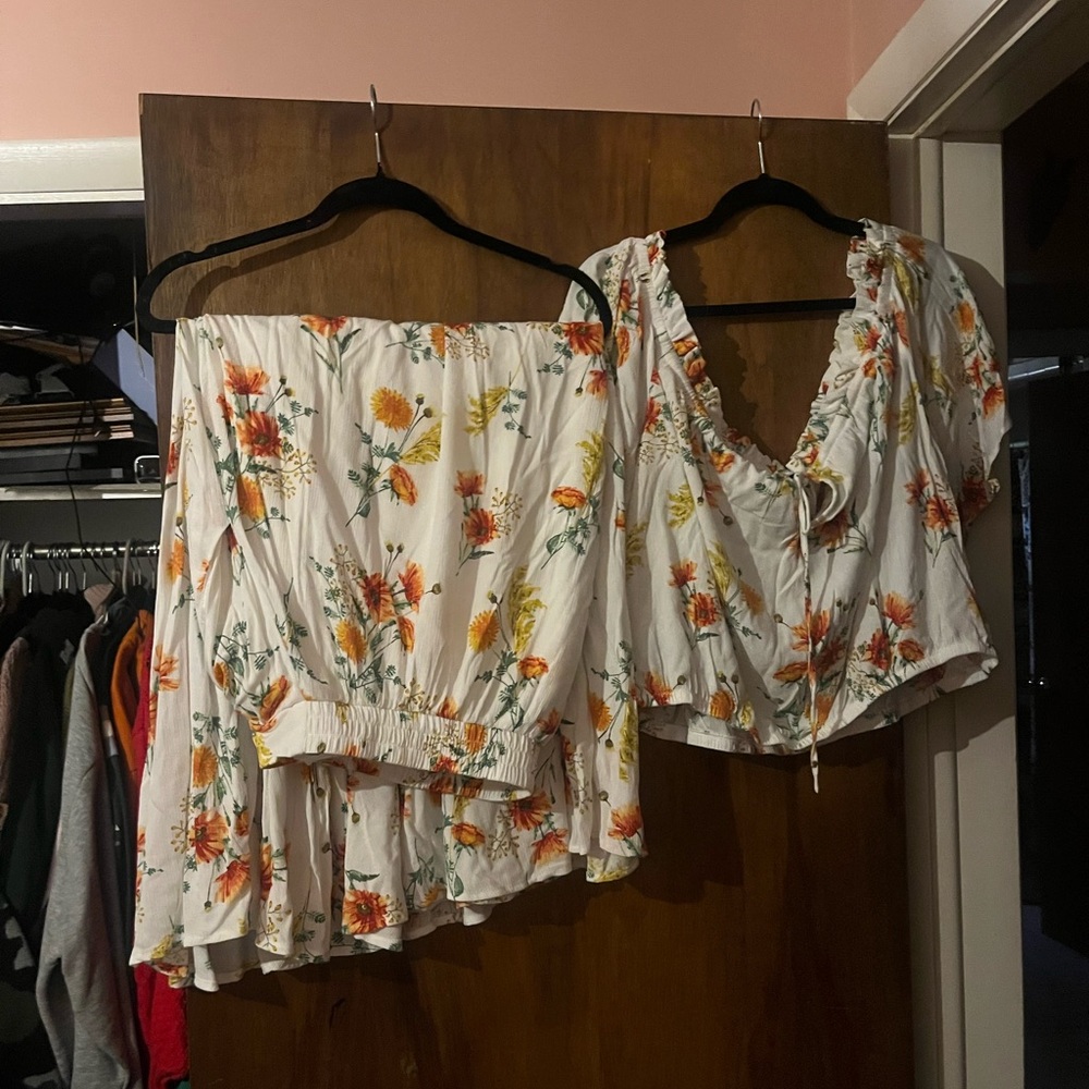 Floral Off-Shoulder and Ruffle Top Set - White, Orange, Yellow